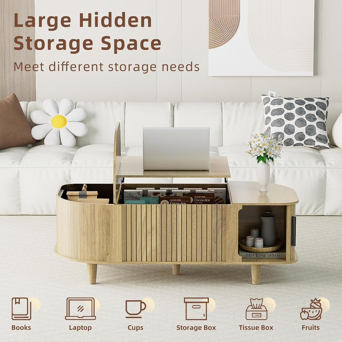 Lift Top Coffee Table, Oval Mid Century Modern Center Table with 3 Hidden Storage, 41' Coffee Tables with Sliding Door and Open Cabinet for Living Room Bedroom Office, Natural Wood