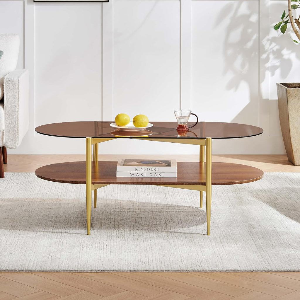 Oval Glass Coffee Table, Mid-Century Modern Design, L42*W22*H17 inch, for Living Room, Amber Glass Top and Walnut Finish Wood Shelf, Conical Metal Legs with Gold Finish