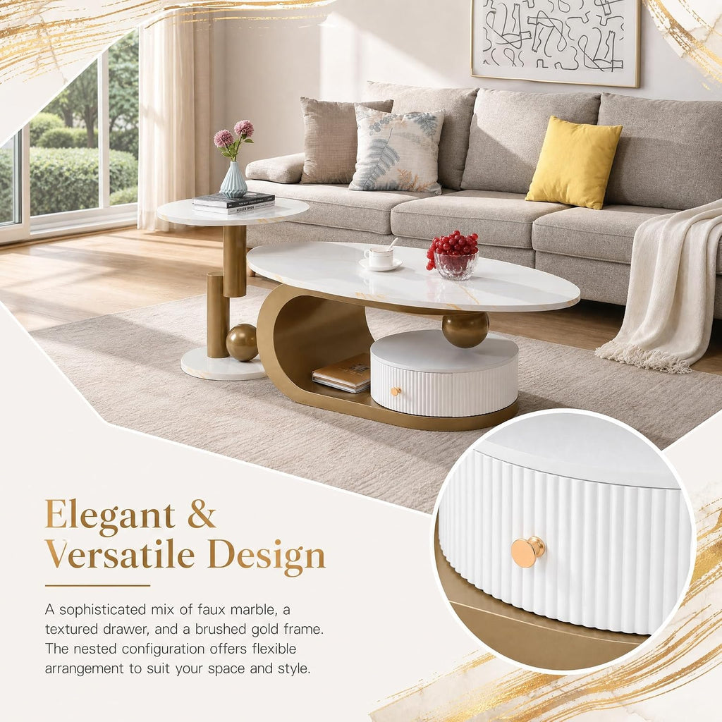 Modern 47.2' Nesting Coffee Table Set of 2, Oval and Round Centre Table Set for Living Room, Faux Marble Coffee Table and Round End Table, Luxury Living Room Accent for Apartment