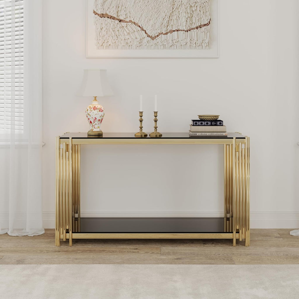 Modern Glass Console Table, 55' Entryway Sofa Table with Gold Stainless Steel Frame and Black Glass Top, Luxury Rectangular 2-Tier Console Table with Storage Shelves for Living Room