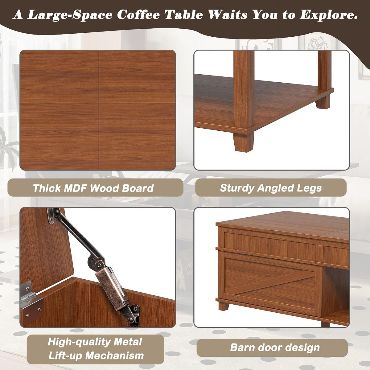 Mid Century Modern Farmhouse Lift Top Coffee Table,Rectangular Storage Coffee Tables with Lifting Top,Hidden Compartment,Open Shelf & Adjustable Desktop,Walnut Wood Coffees Table for Living Room