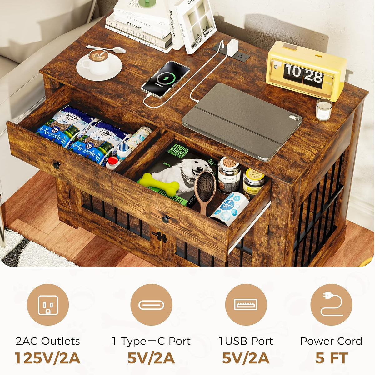44.5'' Dog Crate Furniture with Storage Dog Kennel w/2 Drawers, Heavy-Duty Wooden Dog House Indoor End Table Tv Stand with Charging Station Pet Cage for Small/Medium Dogs(Brown)