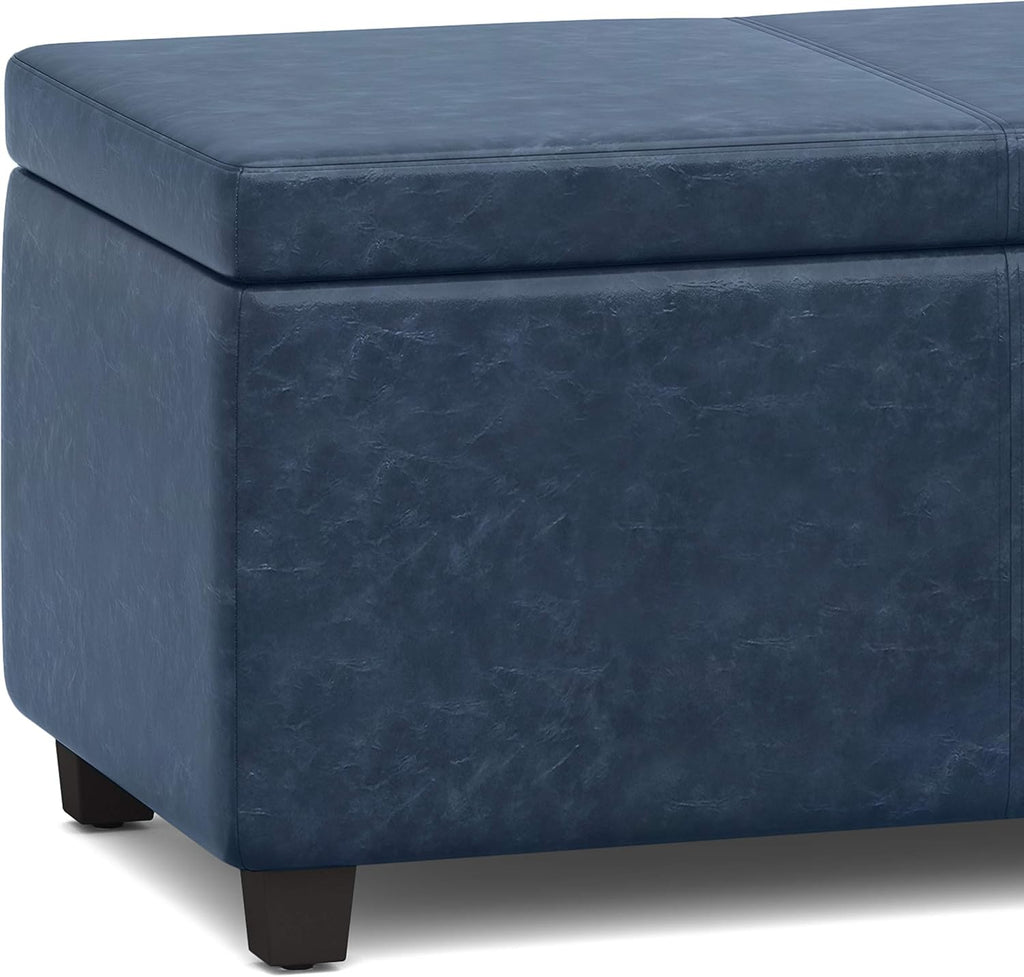 SIMPLIHOME Avalon Storage Ottoman Bench - 48' Wide x 16' High Upholstered Vegan Leather Rectangular Lift-Top Ottoman in Denim Blue, Contemporary Storage Bench for Living Room with High-Density Foam
