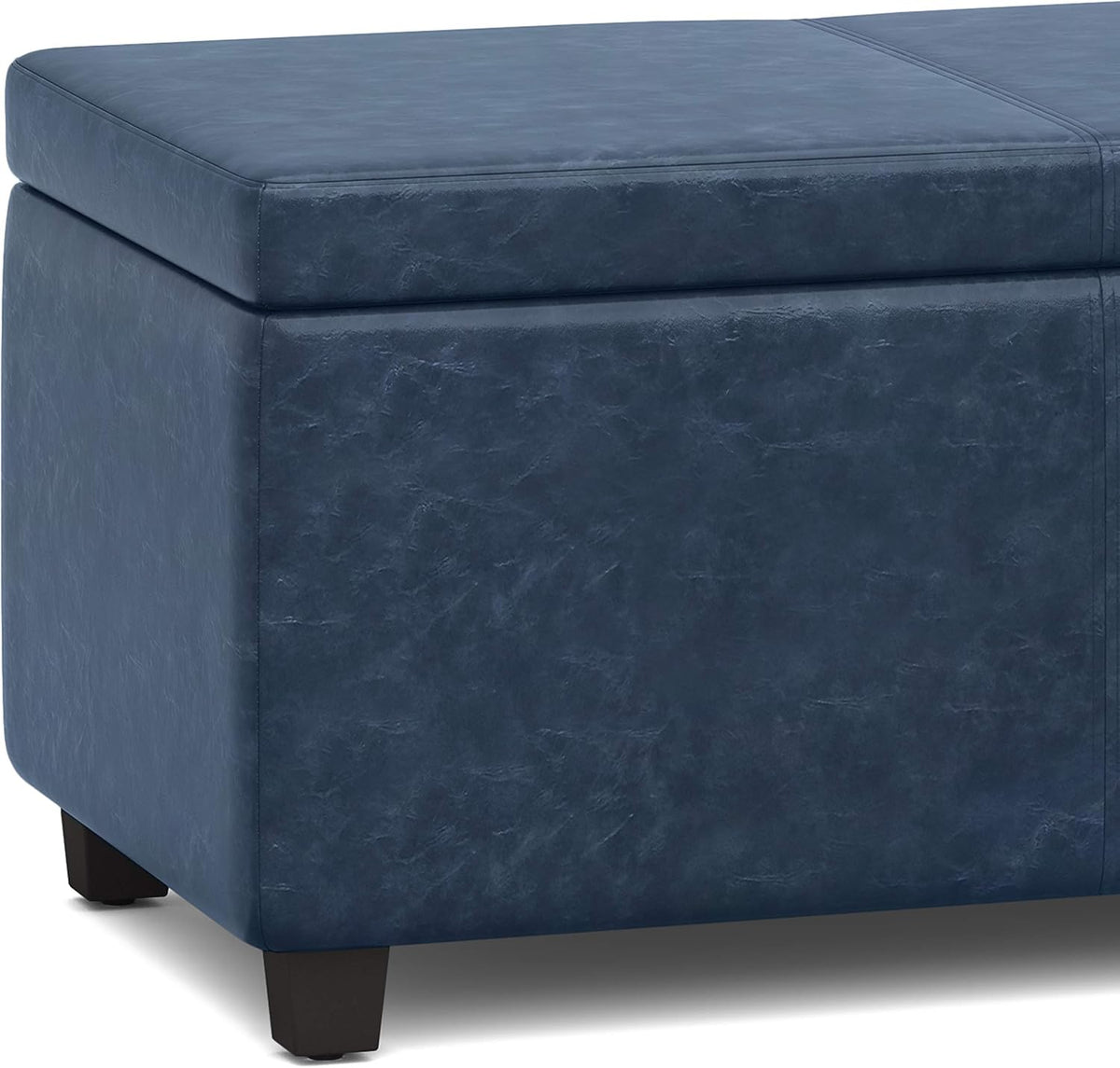 SIMPLIHOME Avalon Storage Ottoman Bench - 48' Wide x 16' High Upholstered Vegan Leather Rectangular Lift-Top Ottoman in Denim Blue, Contemporary Storage Bench for Living Room with High-Density Foam