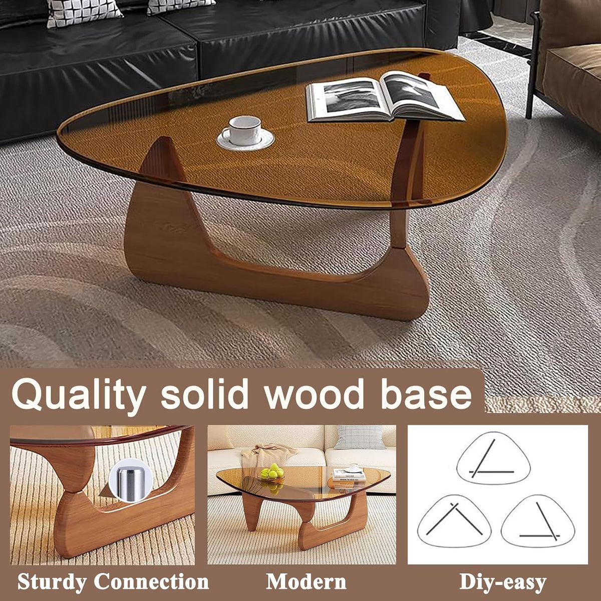 Modern Glass Coffee Table for Living Room, Mid Century Coffee Table, Small Coffee Tables, Suitable for Bedroom Living Room Reception Office Tables (Walnut/Brown, Medium 35.8 * 25.5 * 16in)