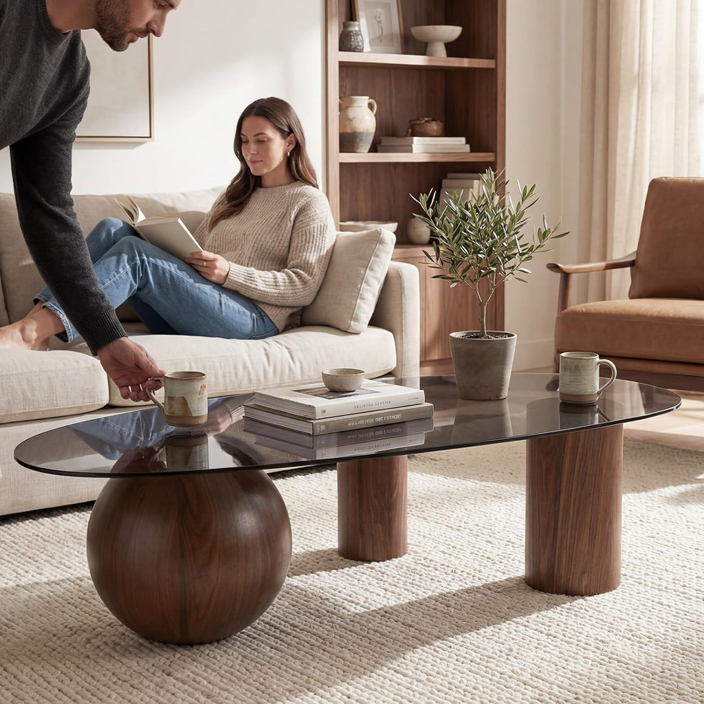 Hyfirm 55' Irregular Cloud Glass Coffee Table, Modern Black Tempered Glass Top with Walnut Finished Legs, Accent Center Table for Living Room & Bedroom