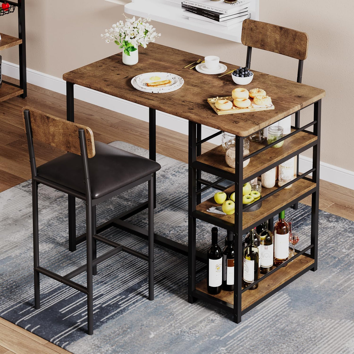 Takywep Compact Dining Table Set for 2 with Storage Shelves, Counter Height Bar Table with Upholstered Stools, Small Kitchen Table with Round Corner and Footrest, Perfect for Small Area, Brown