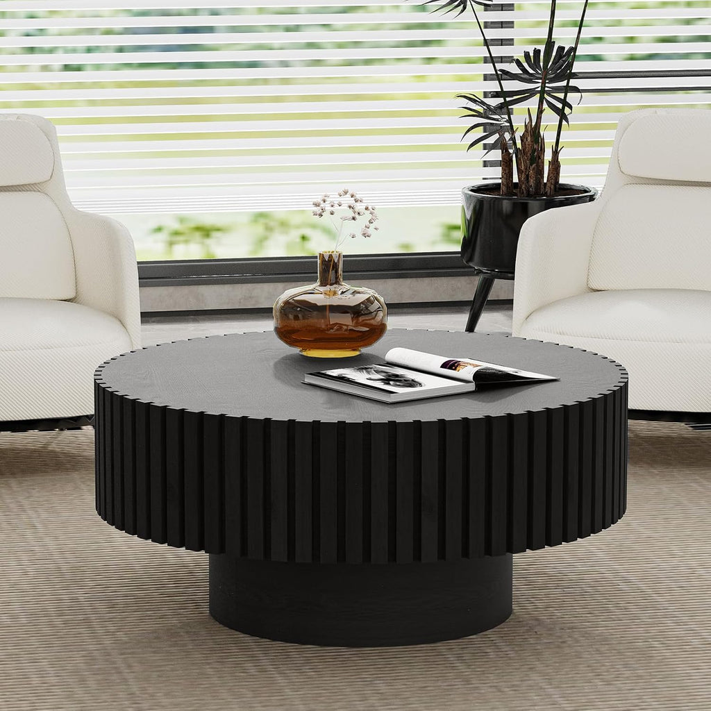 Round Handcraft Fluted Coffee Table with Sturdy Stable Pedestal Modern Luxury Drum Center Table Circle Accent Base Center Tables for Living Room Apartment (F)