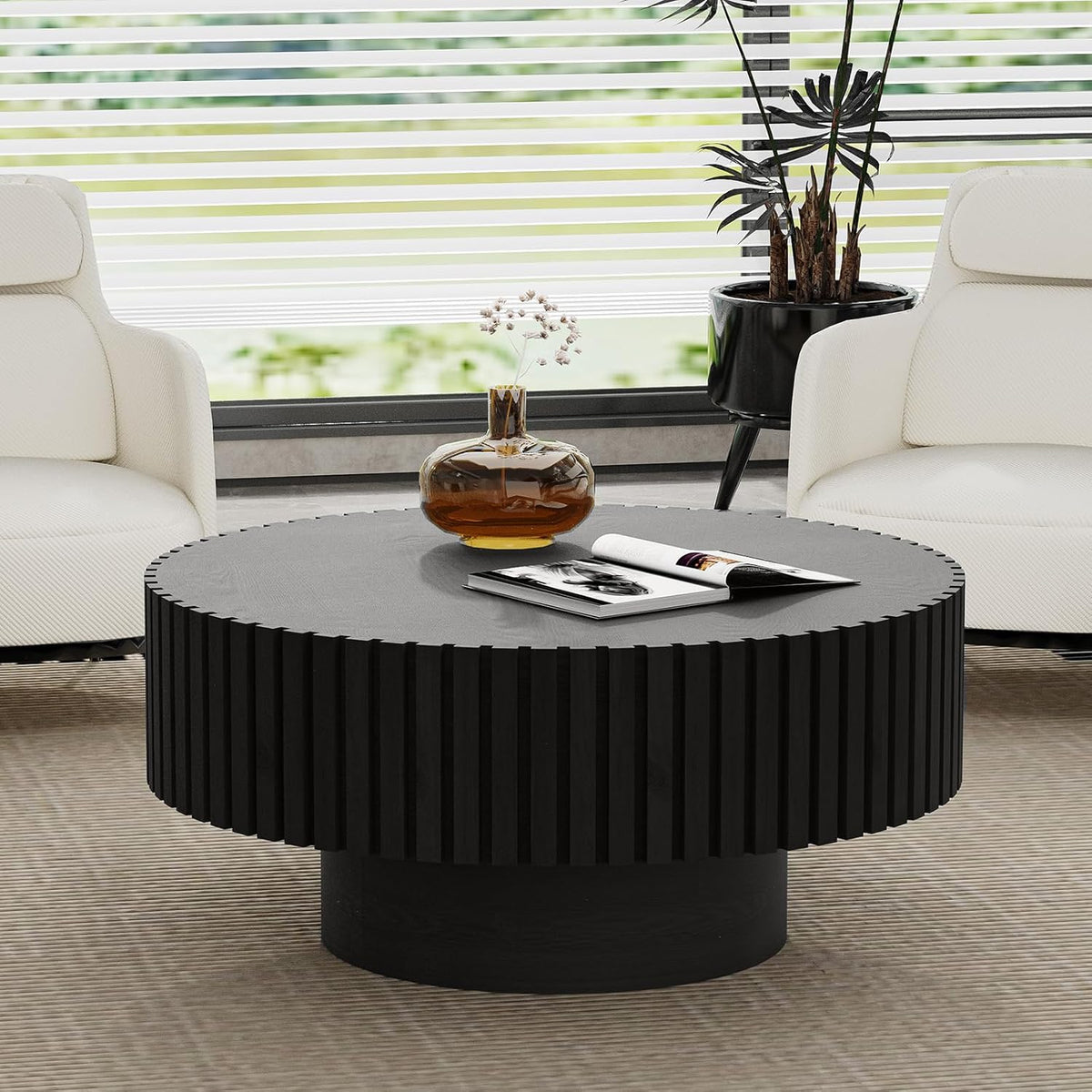 Round Handcraft Fluted Coffee Table with Sturdy Stable Pedestal Modern Luxury Drum Center Table Circle Accent Base Center Tables for Living Room Apartment (F)