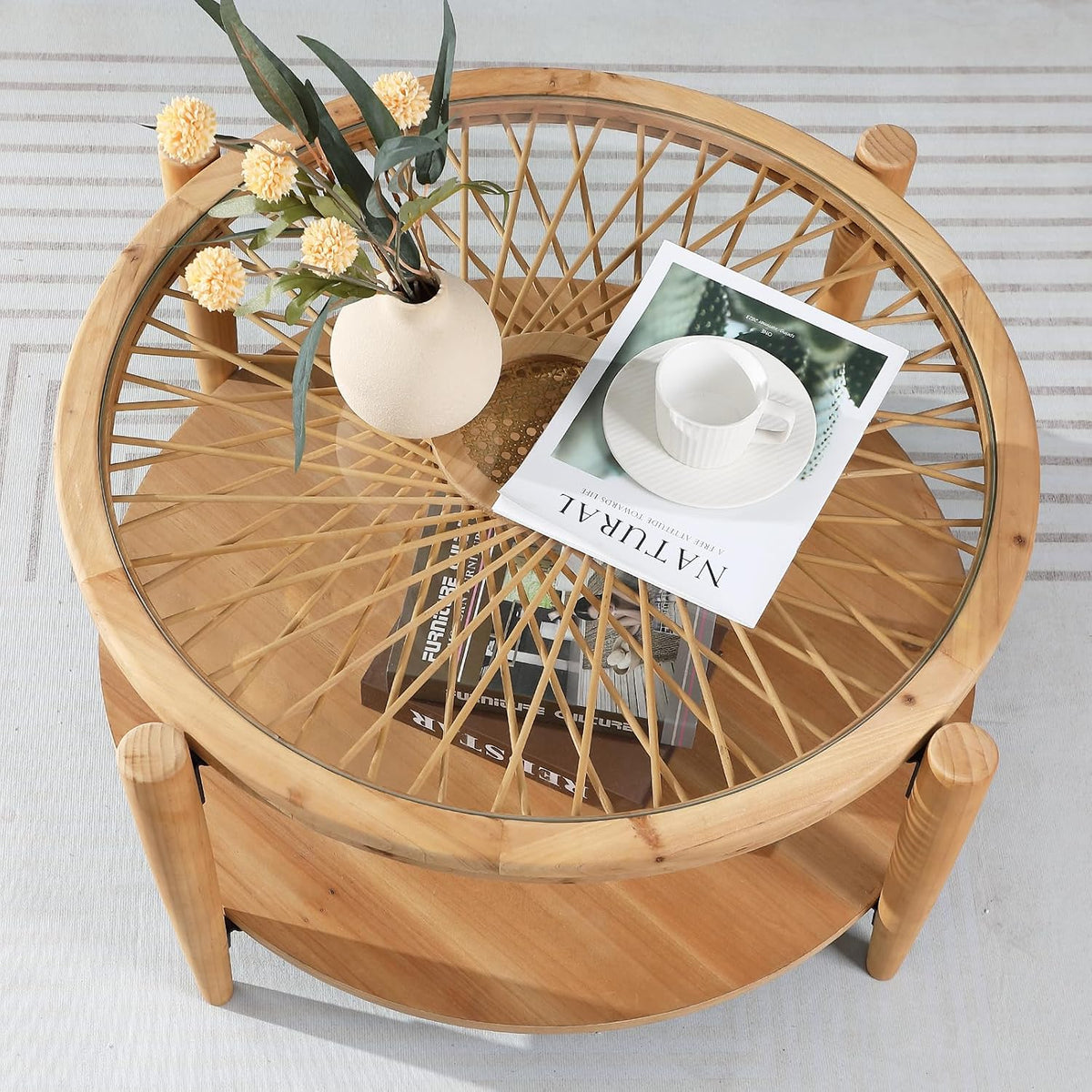 RUSTOWN Rattan Coffee Table Set of 3, Boho Living Room Table Set Includes Round Coffee Table & 2 End Tables, 3-Piece Accent Sofa Side Coffee Tables Set with Rattan & Tempered Glass Top (Natural)