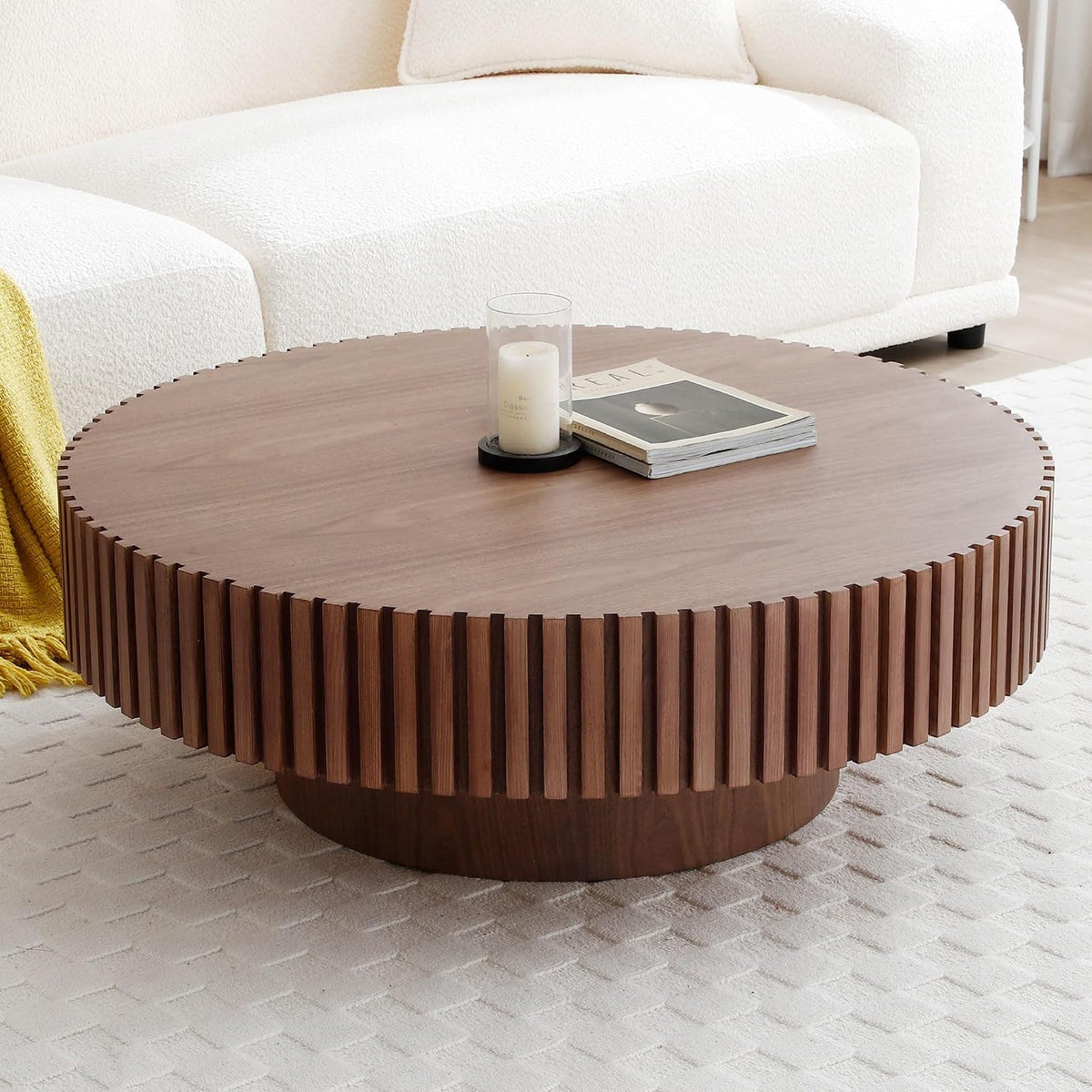 Round Coffee Table,35.43' Modern Handcraft Relief Drum Wood Circle Side End Table Accent Center Table for Living Room, Apartment, Small Space,Walnut