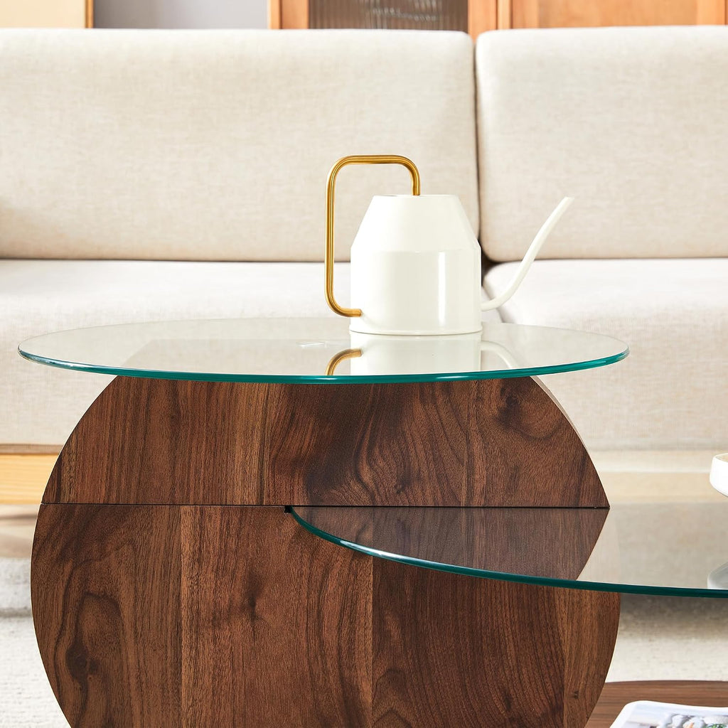 Ebullient Modern Round Glass Coffee Table, 3-Tier Wood Base Geometric Center Table for Living Room, Contemporary Accent Furniture, 42 Inch