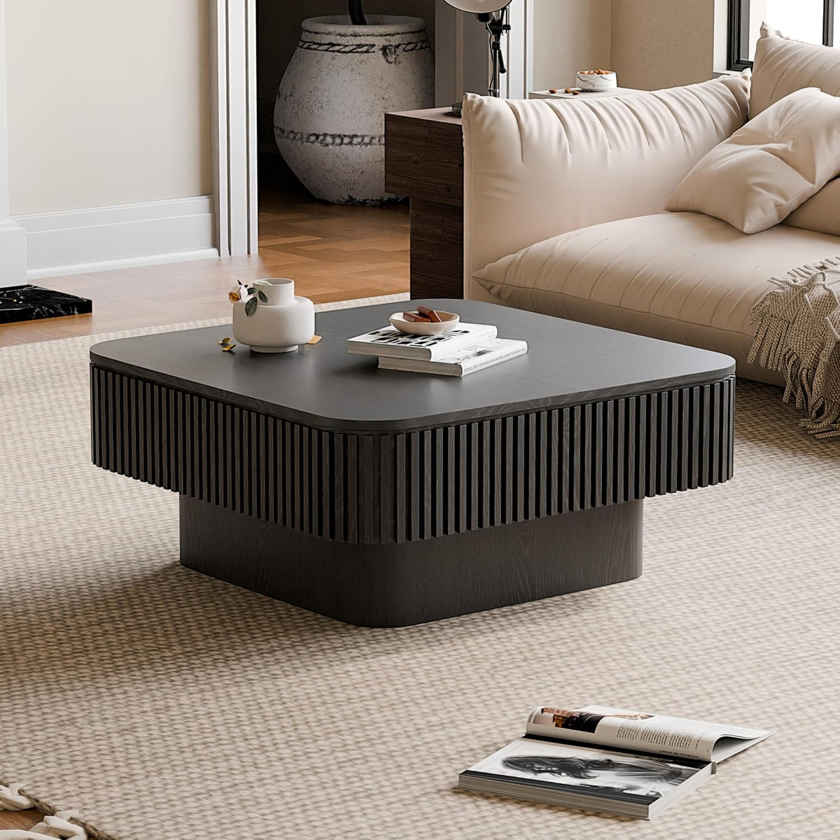 LUMISOL Square Square Coffee Table with Hidden Storage, Small Handcraft Drum Center Table with Sturdy Base, Minimalist Fluted Coffee Table for Living Room, Natural Wood