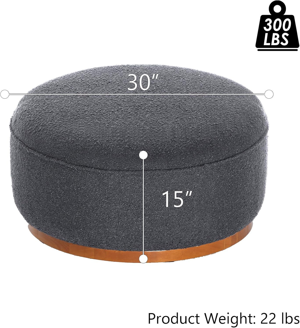 Round Ottoman Coffee Table 30' Premium Fabric upholstered Coffee Table with high Density Foam and Solid Wood Frame, Stylish and Practical Living Room Furniture, Grey