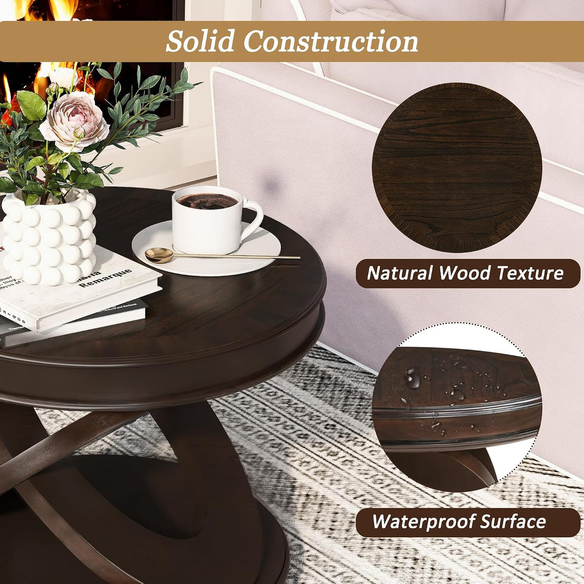 Retro Round End Table 22-Inch Wooden Bedside Sofa Side Table Accent Furniture with X-Shape Base for Living Room Bedroom, Espresso