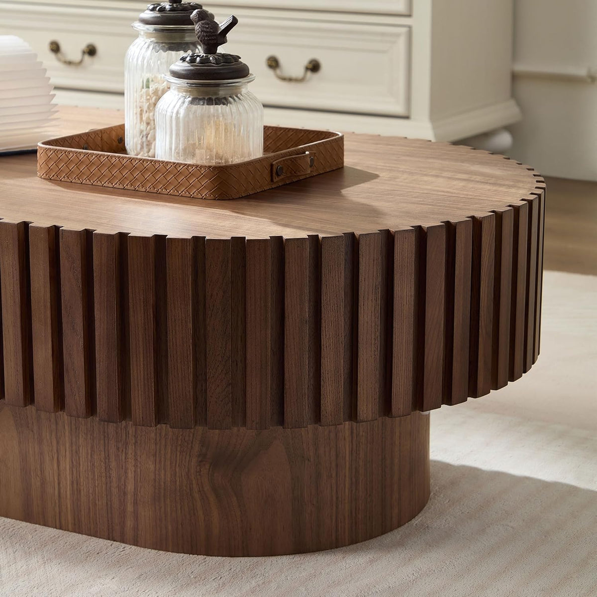 JUSTONE 43.7-Inch Oval Coffee Table, Farmhouse Solid Wood Drum Shape with Hand-Carved Relief, Living Room Apartment Décor, Walnut Finish, 43.7' L x13.7 H