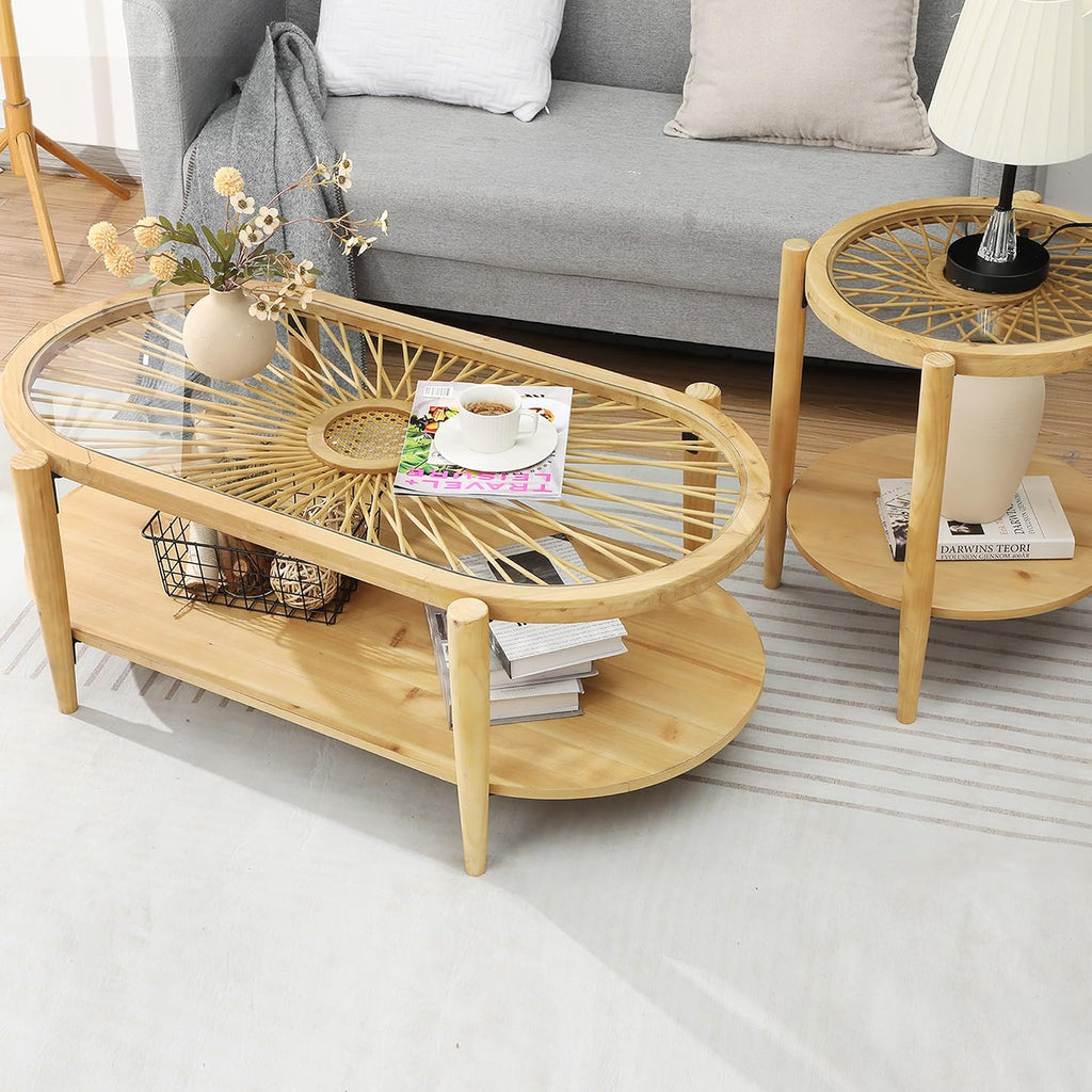 RUSTOWN Rattan Coffee Table Set of 3, Boho Living Room Table Set Includes Oval Coffee Table & 2 End Tables, 3-Piece Accent Sofa Side Tables Set with Rattan & Tempered Glass Top (Natural)