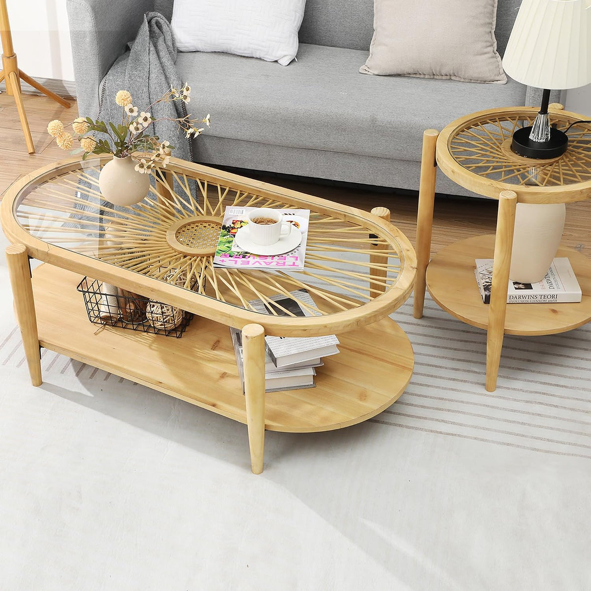RUSTOWN Rattan Coffee Table Set of 3, Boho Living Room Table Set Includes Oval Coffee Table & 2 End Tables, 3-Piece Accent Sofa Side Tables Set with Rattan & Tempered Glass Top (Natural)