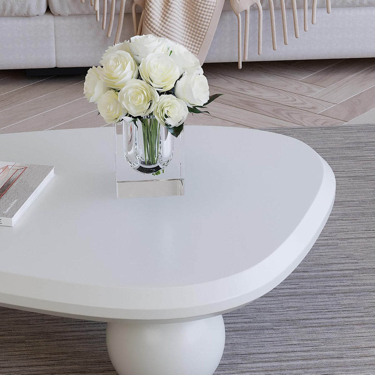 38.58'' Modern Coffee Table with Ball Base, Contemporary Oval Round Cloud Shaped Wood Coffee Table for Living Room, Easy Assembly, Cream White
