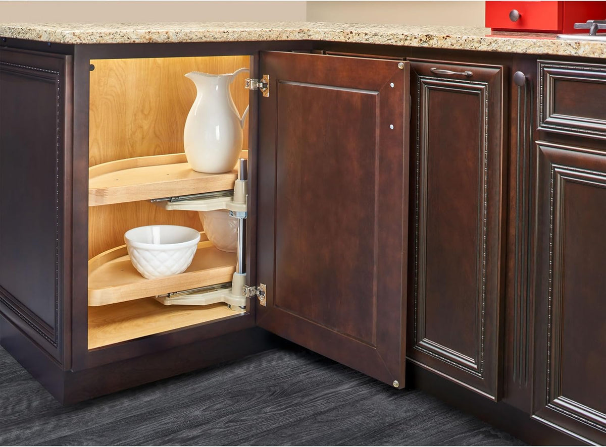 Rev-A-Shelf 32' Dual Shelf Half Moon Lazy Susan Organizer for Diagonal Blind Corner Kitchen Cabinets, Pullout Turntable Trays, Wood, 4WLS882-32-570