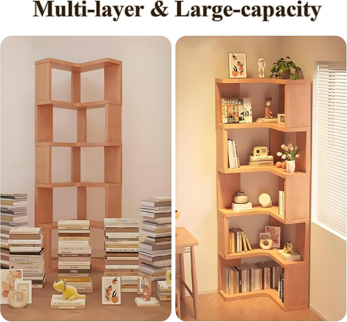 5-Tier L-Shaped Bookshelf, Wooden Tall Corner Shelf with Open Shelf Units, Decorative Display Storage Shelves for Living Room Bedroom Study Office, (Wood Grain)