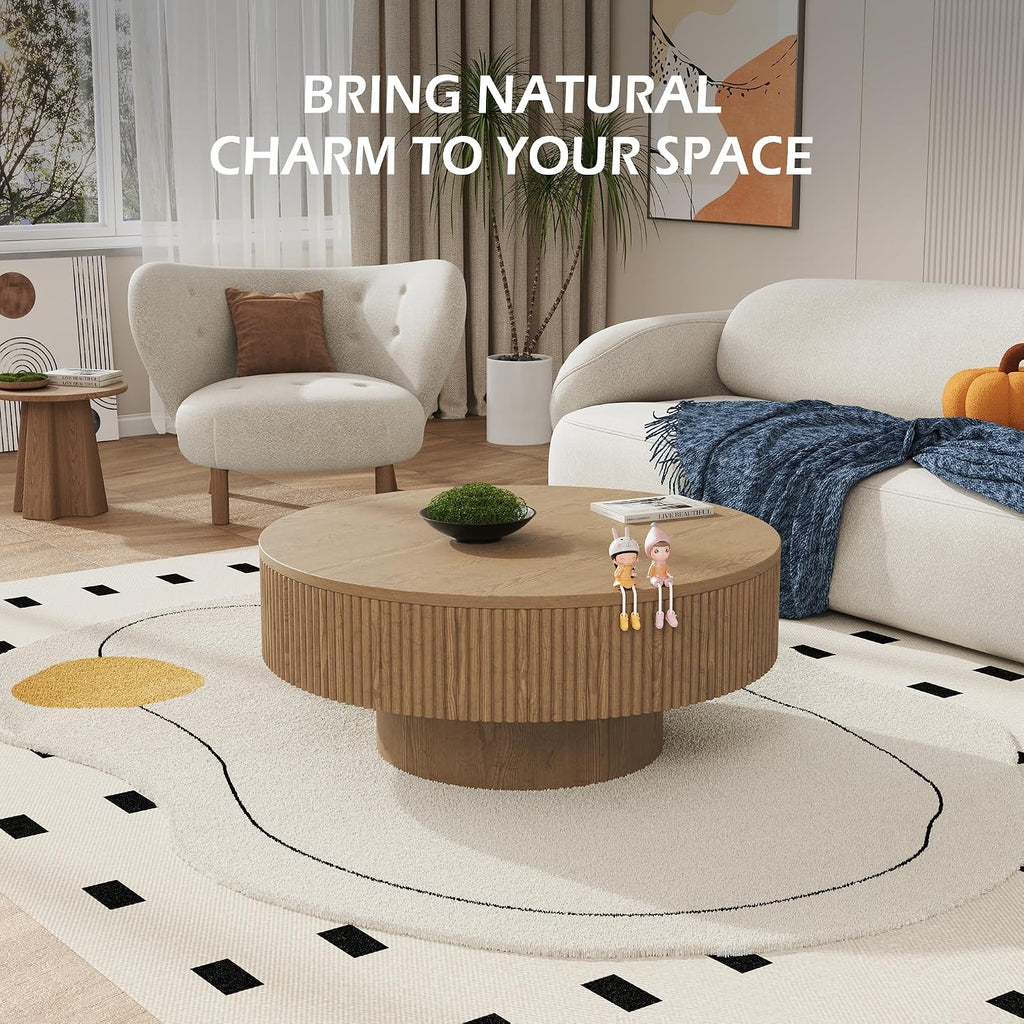 YOUDENOVA 35' Round Fluted Coffee Table, Modern Wood Circle Coffee Table, Veneer Handcrafted Relief Tea Table with Sturdy Pedestal for Living Room, Easy Assembly - Natural