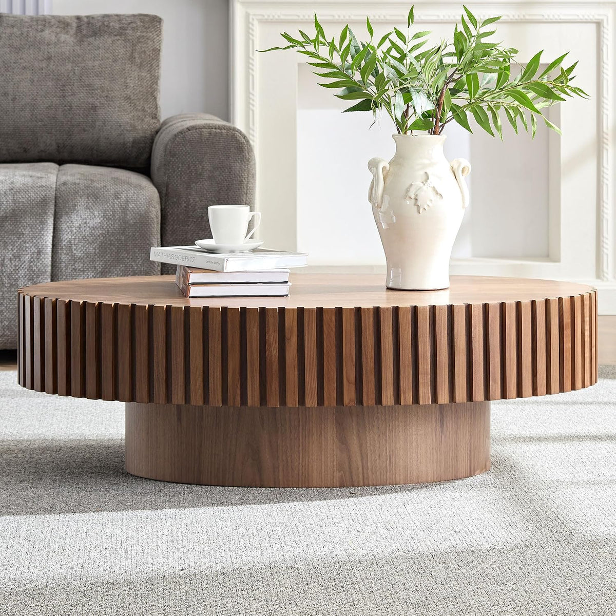 KEVINSPACE Coffee Table Oval 43.7' Wood CoffeeTable for Living Room Farmhouse CoffeeTable Mid-Century CoffeeTable Modern Sofa SideTable Home Furniture Small Space Office Apartment Walnut