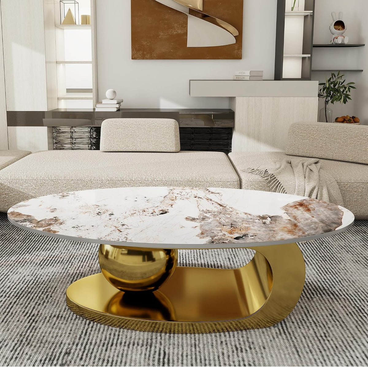 Gold Oval Coffee Table with Stainless Steel Legs,49' Faux Marble Coffee Table with Spherical Base,Luxury Coffee Tables for Living Room