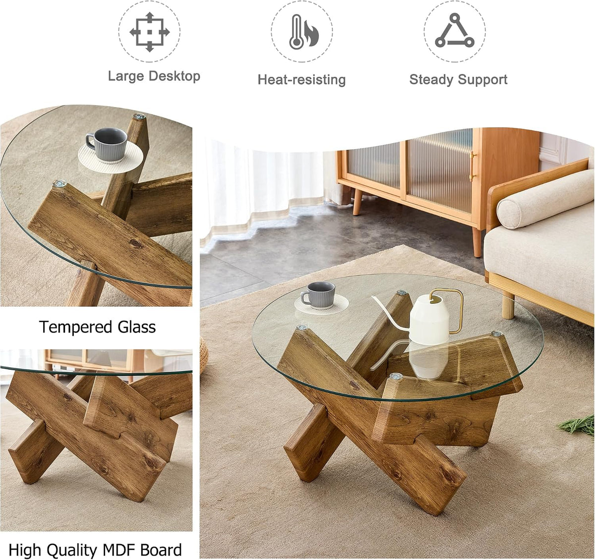 Glass Coffee Tables for Living Room Modern Elegant Round Coffee Table Mid Century Farmhouse Center Table with Wooden Base and Tempered Glass Tabletop, Easy Assembly,33.4 inch