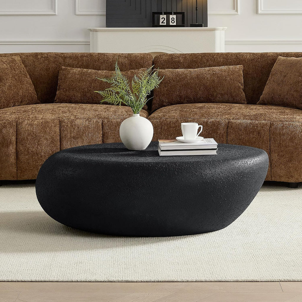 43.31' Oval Coffee Table, Modern Faux Stone Circle Center Tables Accent Drum End Side Table for Living Room, No Installation Required,Cream Black