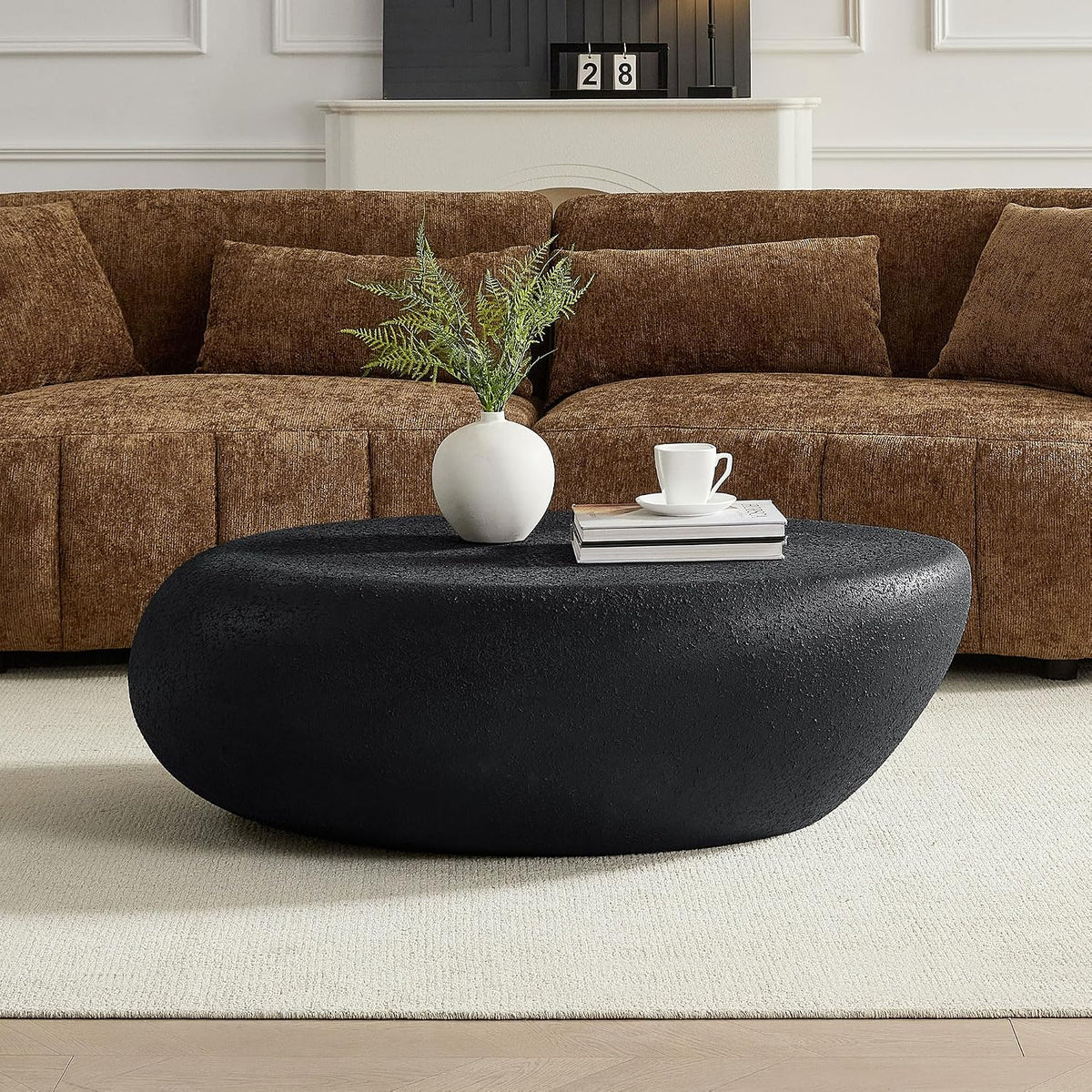 43.31' Oval Coffee Table, Modern Faux Stone Circle Center Tables Accent Drum End Side Table for Living Room, No Installation Required,Cream Black