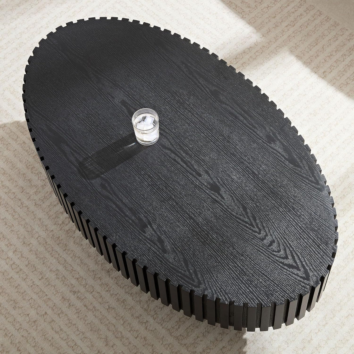 Coffee Table, 43.7 Inch Modern Handcraft Solid Wood Drum Oval Coffee Table for Living Room, Small Space, Office, Easy Assembly (Black)