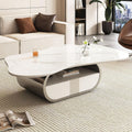 SSLine Modern Cloud Coffee Table Luxury Sintered Stone Top Coffee Table with Sculptural Geometric Stainless Steel Base and Storage Drawer,White Marble Grain Center Table for Living Room,Grey