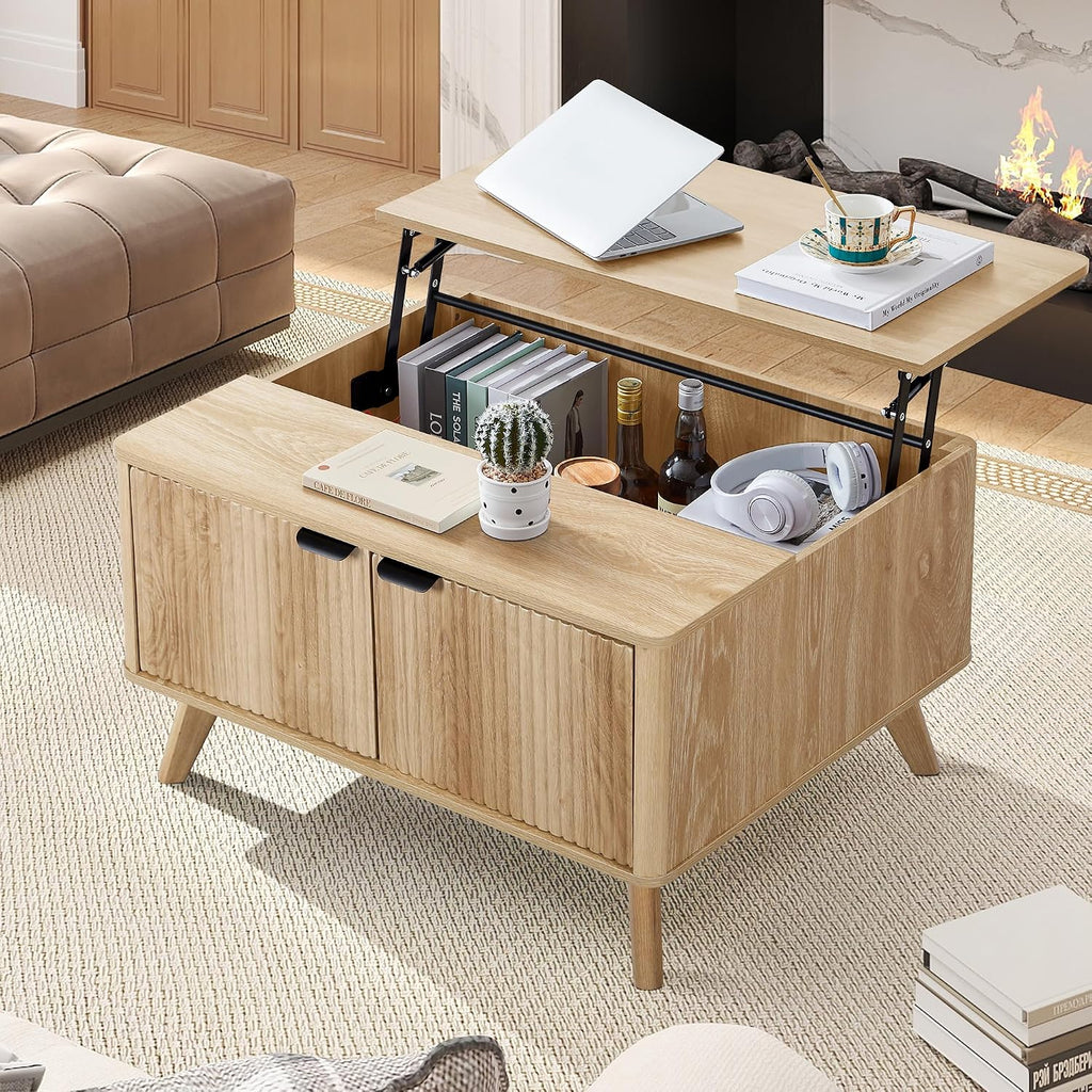 Fluted Lift Top Coffee Table with Large Hidden Compartment, 31.5' Wooden Center Table with Storage, Mid Century Modern Lift Tabletop Coffee Tables for Living Room Home Office, Natural