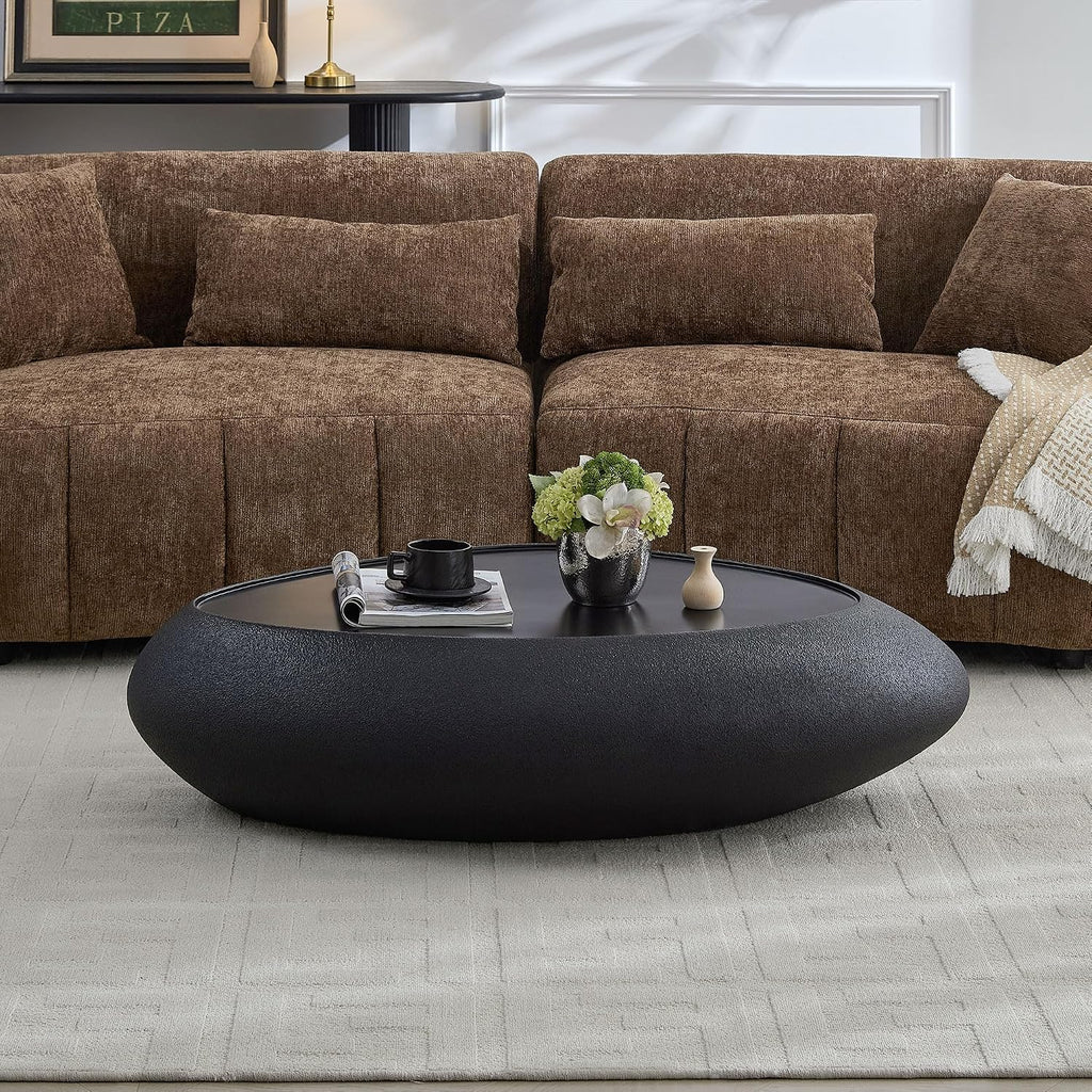 47' Modern Coffee Table Unique Rock Coffee Table Faux Stone Center Tables Round Edge Design Fiberglass Oval Accent Tables for Living Room Office Apartment No Assembly Required Black
