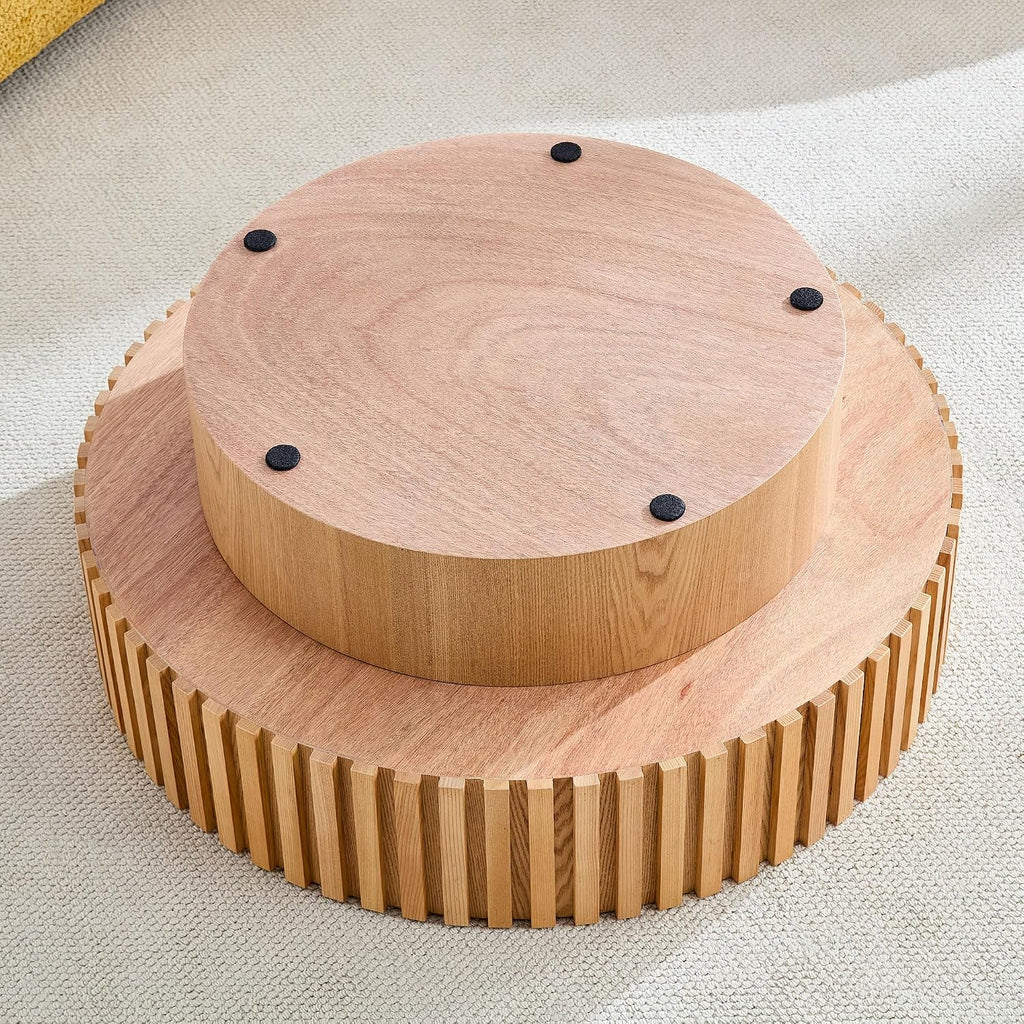 JUSTONE 31.5 Inch Round Farmhouse Coffee Table with Storage, Sturdy Pedestal Base Living Room Center Table for Lounge, Office, Apartment, Natural Wood