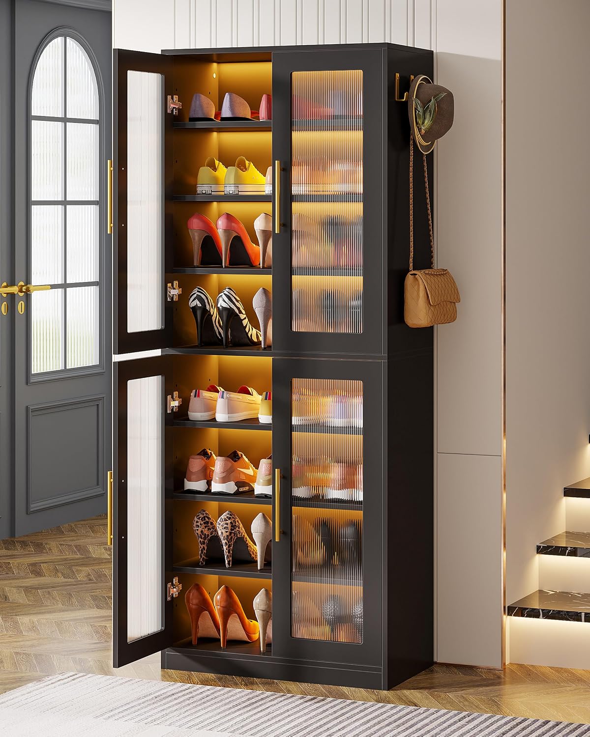 Tribesigns Black Shoe Storage Cabinet with Acrylic Doors and LED Lights, 8-Tier Tall Entryway Shoe Organizer Rack with Adjustable Shelves & Hanging Hooks for Narrow Closet, Hallway, Living Room