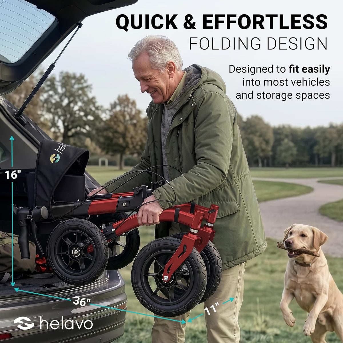 Helavo All Terrain Walker with Puncture-Proof, Flat-Free Solid Rubber Tires, 12' Wheels - Foldable Outdoor Walker for Seniors with Seat, Ergonomic Handles and Extra Padded Backrest