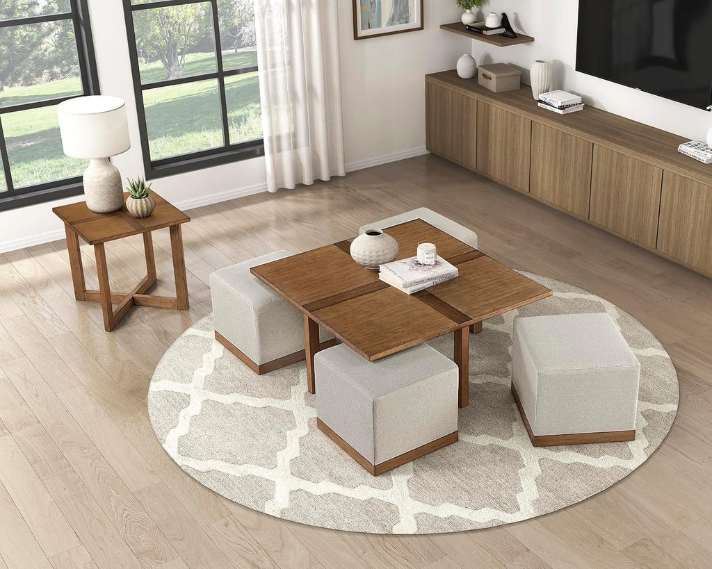 Lexicon 44' Square Coffee Table with 4 Upholstered Stools, Maple Veneer Wood Cocktail Table, Gray Upholstered Stools with Casters, Modern Living Room/Apartment Centerpiece, Full Assembled, Brown