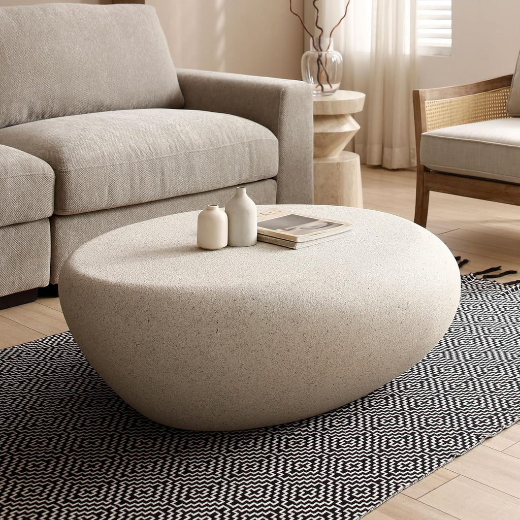 43.3' Faux Stone Coffee Table Modern Unique Coffee Table Oval Center Tables Round Edge Design Fiberglass Oval Accent Tables for Living Room Office Apartment No Assembly, Cream White