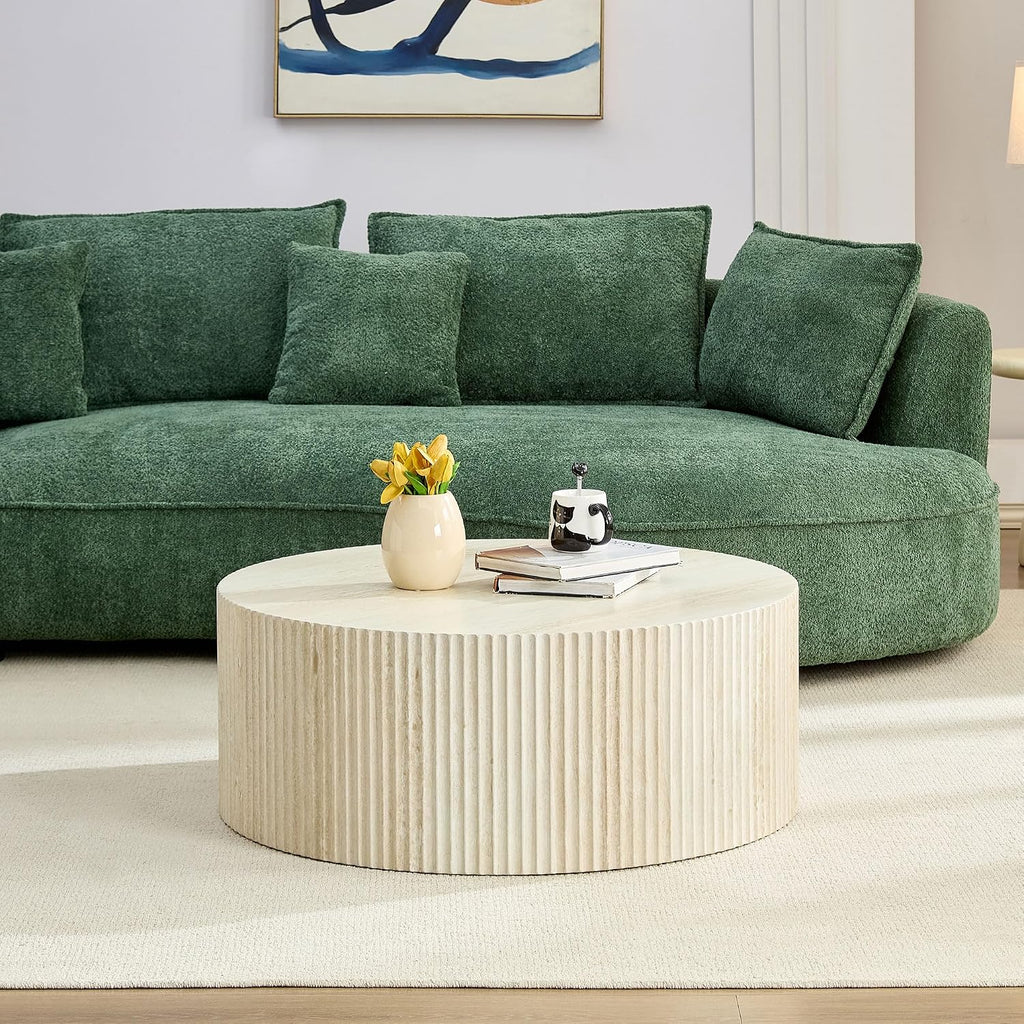 Round Coffee Table for Living Room, Circle Center Table Moder Faux Travertine Pattern Table with Relief Design for Apartment (35.43', MDF, No Assembly)