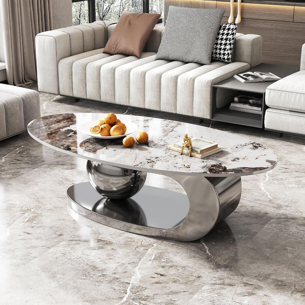 49.2' Oval Coffee Table, Modern Faux Marble Coffee Tables with Sintered Stone Tabletop, Large Unique Tea Table with Stainless Steel Base for Living Room, Office, Bedroom