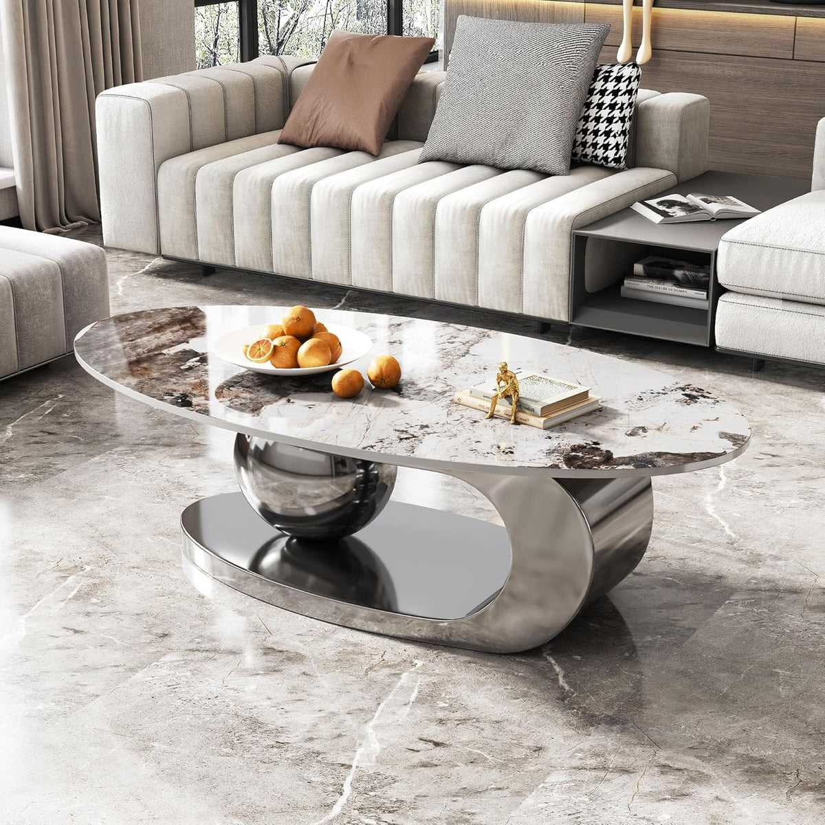 Henf Faux Marble Coffee Table for Living Room, 51 Inches Oval Imitation Marble Coffee Center Table with Silver Stainless Steel Base & Sintered Stone Tabletop
