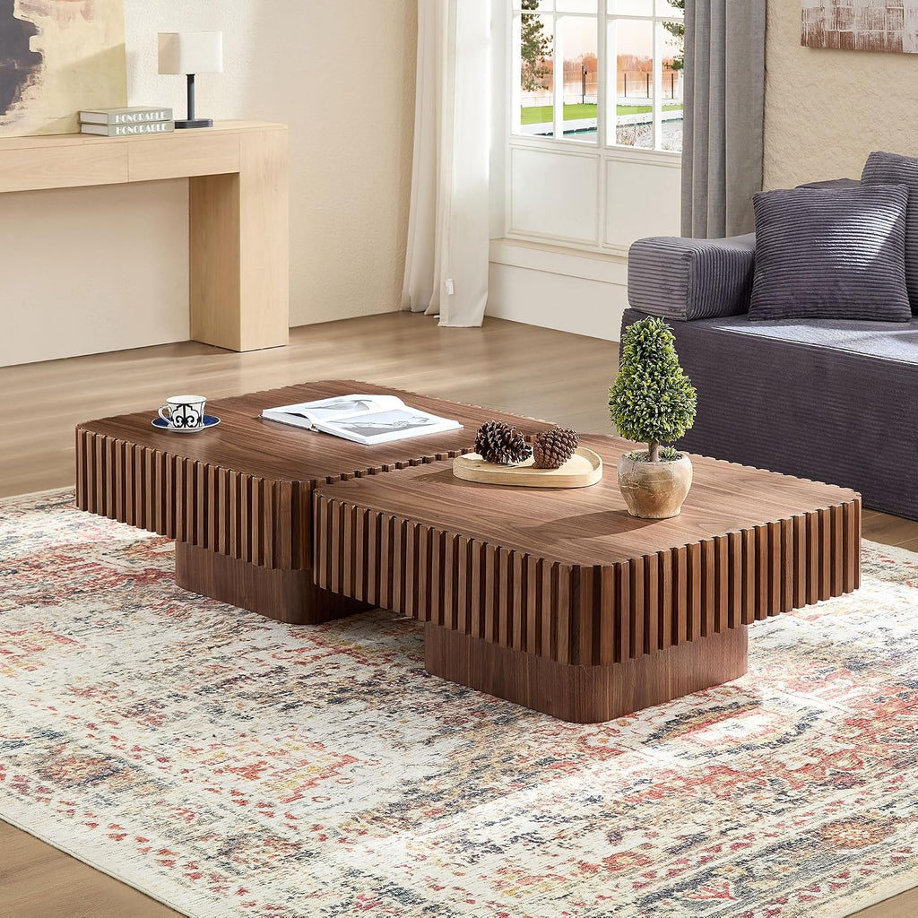 JUSTONE 31.5 Inch Square Coffee Table, 2-Piece Set Modern Walnut Wood Drum End Table for Living Room, Luxury Fluted Design & Sturdy Base, Minimalist Accent Center Table