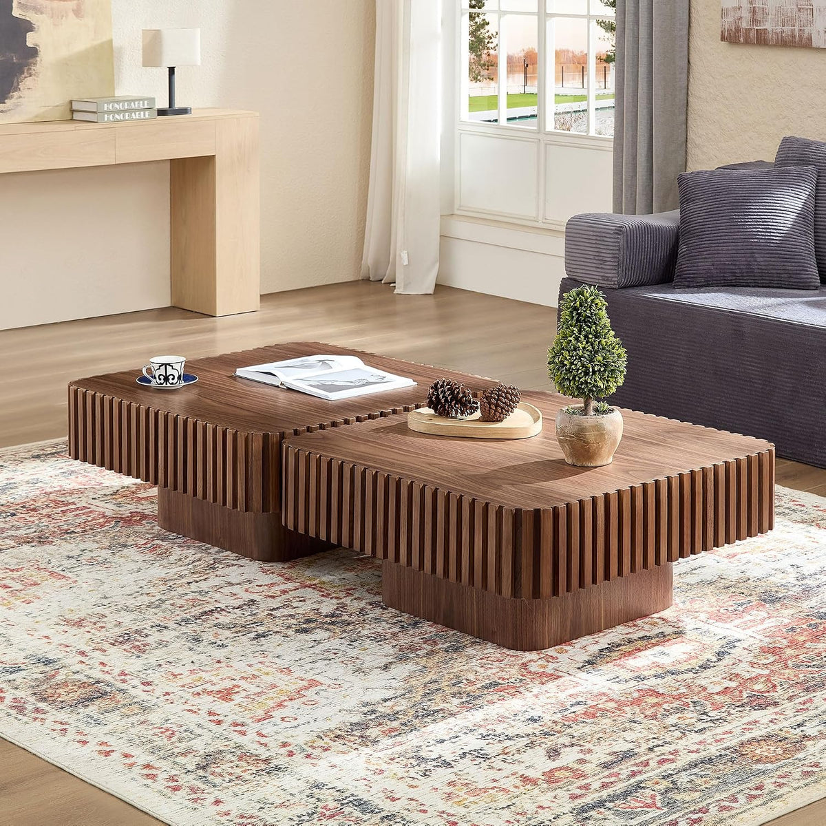 JUSTONE 31.5 Inch Square Coffee Table, 2-Piece Set Modern Walnut Wood Drum End Table for Living Room, Luxury Fluted Design & Sturdy Base, Minimalist Accent Center Table