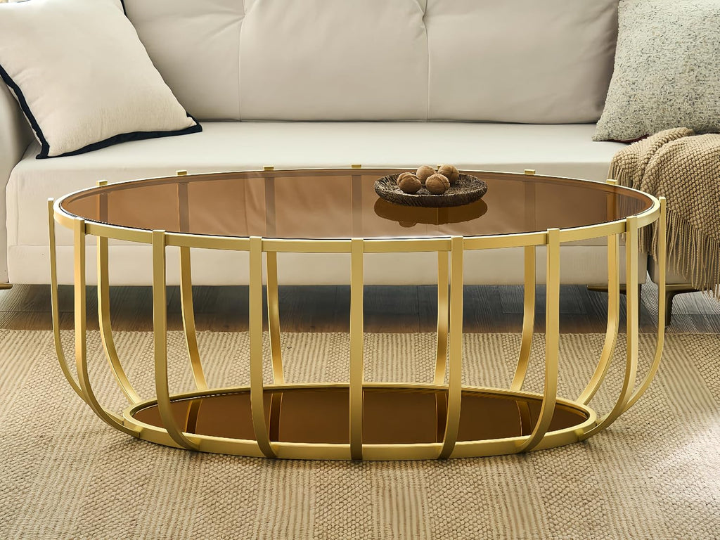 Shrine Gold Oval Glass Coffee Table, Mid-Century Modern Design, 2-Tier Structure, Brown Glass Top and Shelf, 42.5' D x 22.8' W x 16.5' H, Glam Gold Metal Cage-Frame