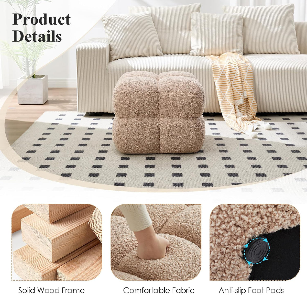 Square Ottoman Stool, Boucle Ottoman Coffee Table with with Full Coverage, Modern Vanity Stool, Upholstered Tufted Foot Rest Pouf for Bedroom, Living Room, Entryway, Tan