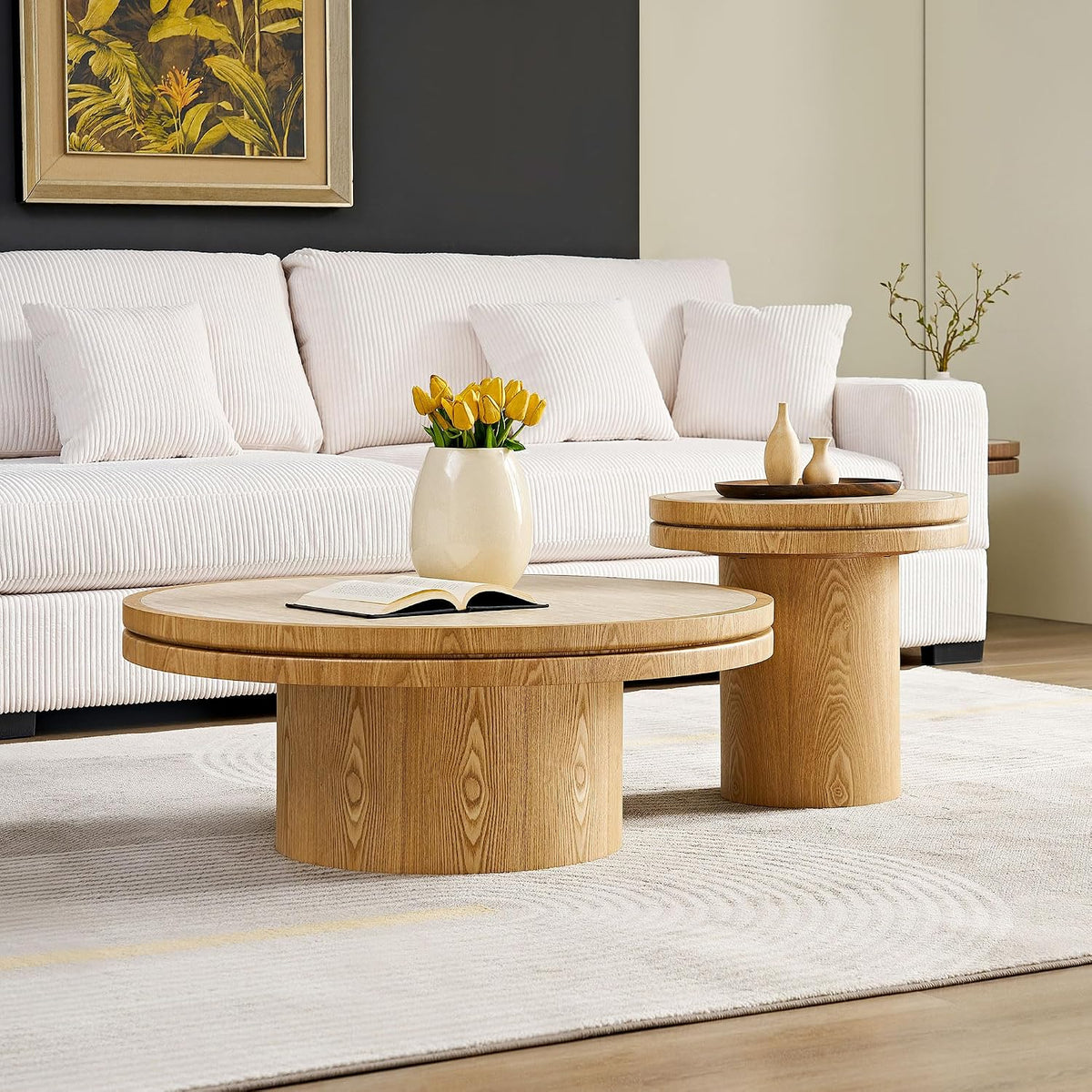 LKTART 19.49 Inch Round End Table with Sintered Stone Top, Mid-Century Modern Wood Table with MDF Pedestal, Small End Tables for Living Room Bedroom Apartment, Easy Assembly, Walnut