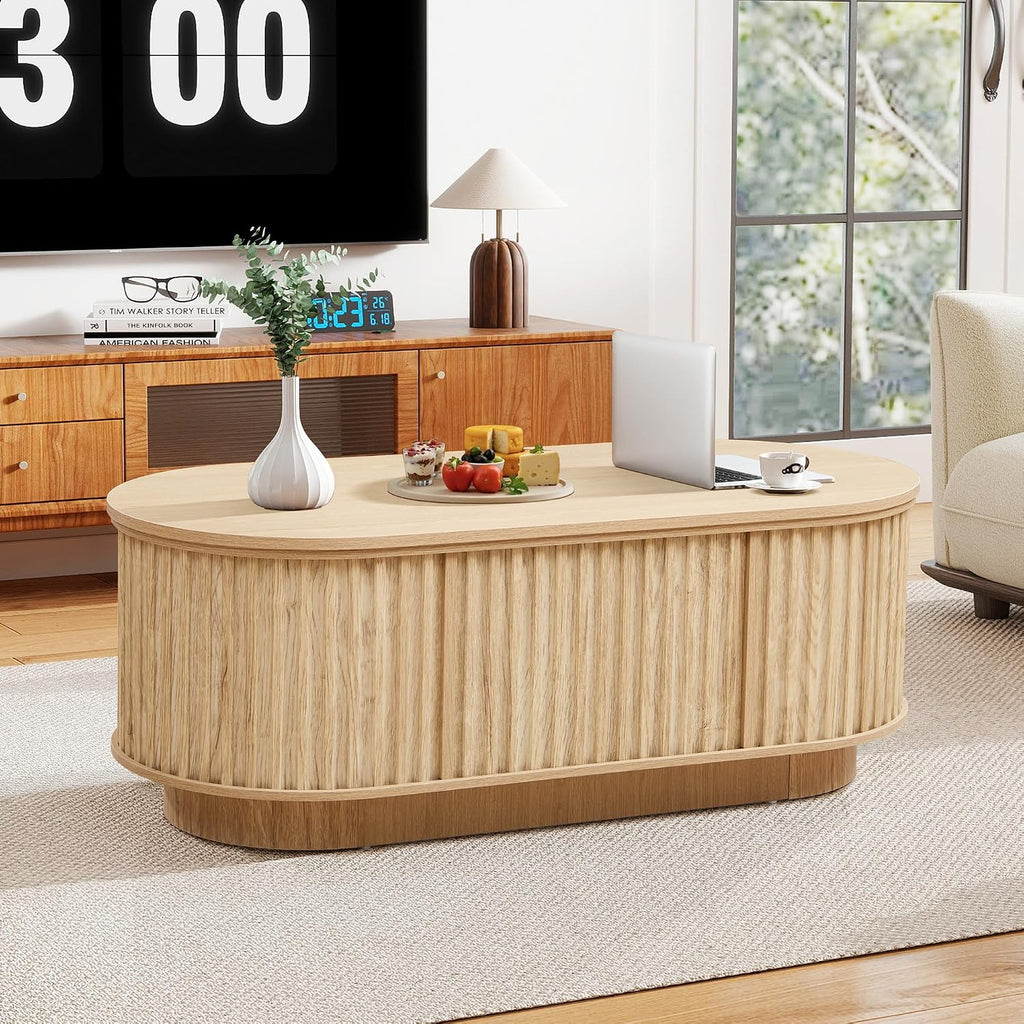 Oval Lift Top Coffee Table with Storage, 43.3'Mid Century Modern Center Table with Hidden Compartment, Fluted Wooden Lift Tabletop Dining Table for Living Room Apartment Home Office,Natural