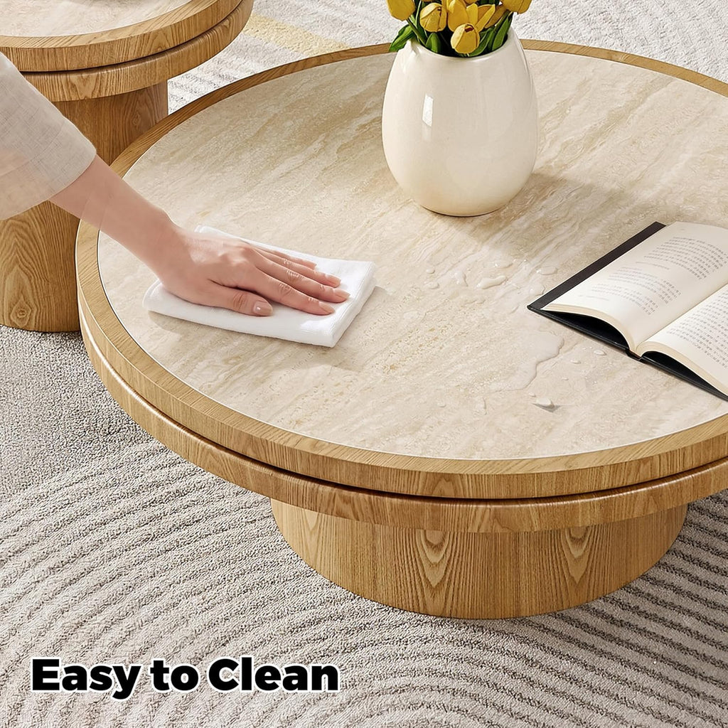 LKTART 35.43 Inch Round Coffee Table with Travertine Texture Sintered Stone Top, Mid-Century Modern Pedestal Center Table, Wood Coffee Tables for Living Room Bedroom Apartment, Easy Assembly, Natural